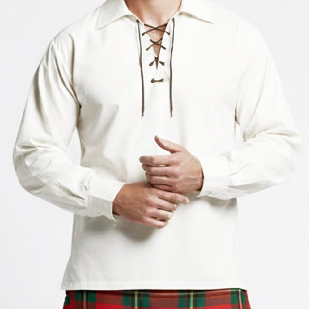 Mens Scottish Jacobite Ghillie  Shirt White Cotton Kilt Shirt Traditional Outfit